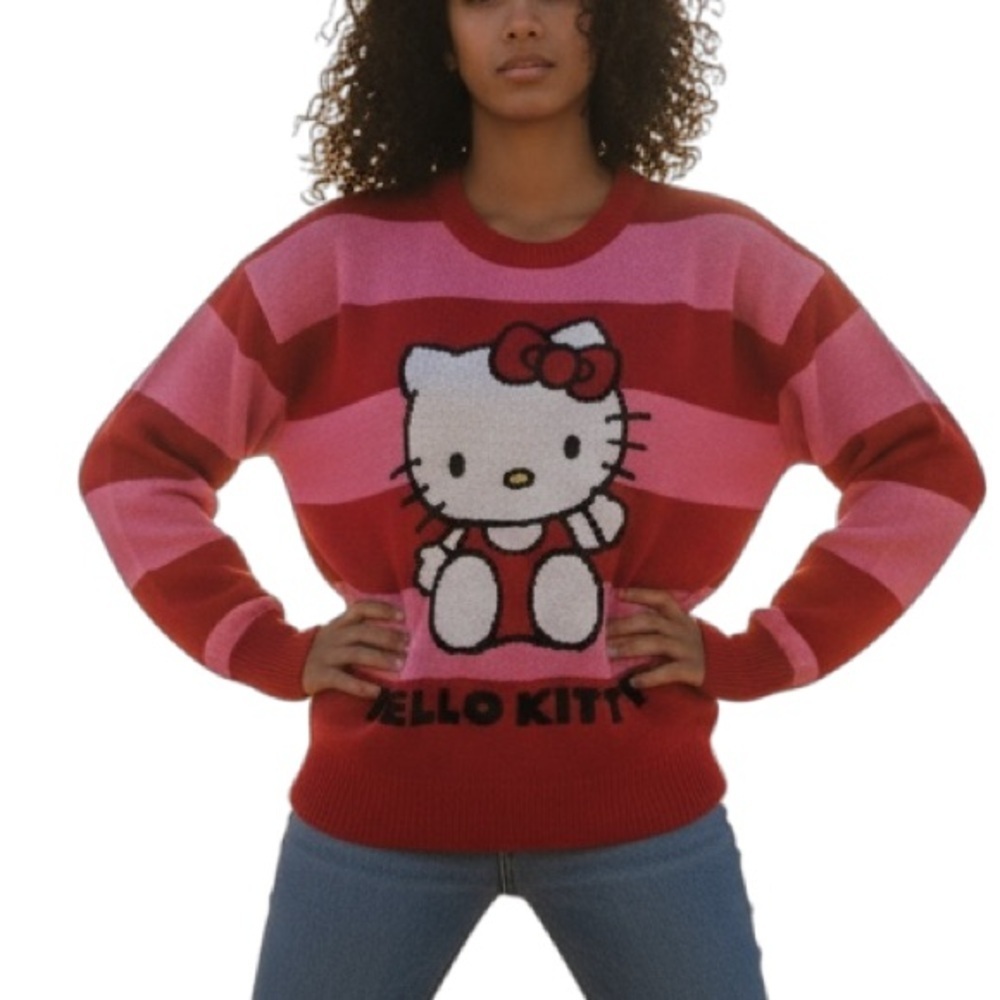 Hello Kitty Women's Striped Red and Pink Sweater